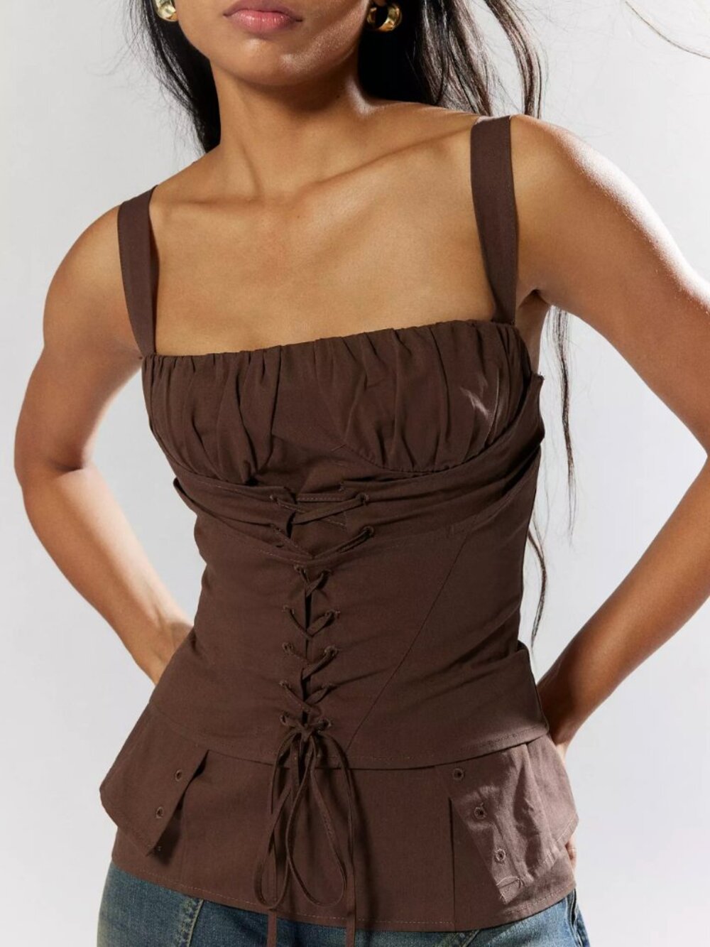 Lioness In Bloom Lace-Up Corset Top Brown